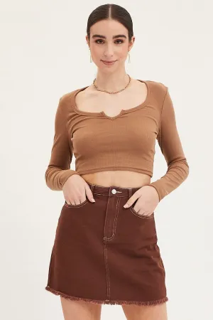 Minimalist Chic Brown Mini Skirt High Rise Fray Hem