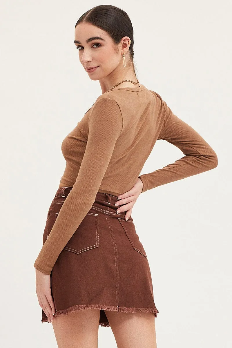 Brown Mini Skirt High Rise Fray Hem Streetwear Look