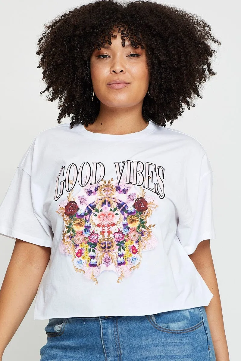 Stretch Jersey Knit Active Comfort Wear White Crop T-shirt Good Vibes Short Sleeve Cotton Semi