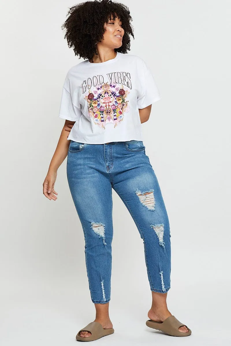 White Crop T-shirt Good Vibes Short Sleeve Cotton Semi Comfort Design Durable Knitwear