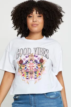 Stretch Jersey Knit Active Comfort Wear White Crop T-shirt Good Vibes Short Sleeve Cotton Semi