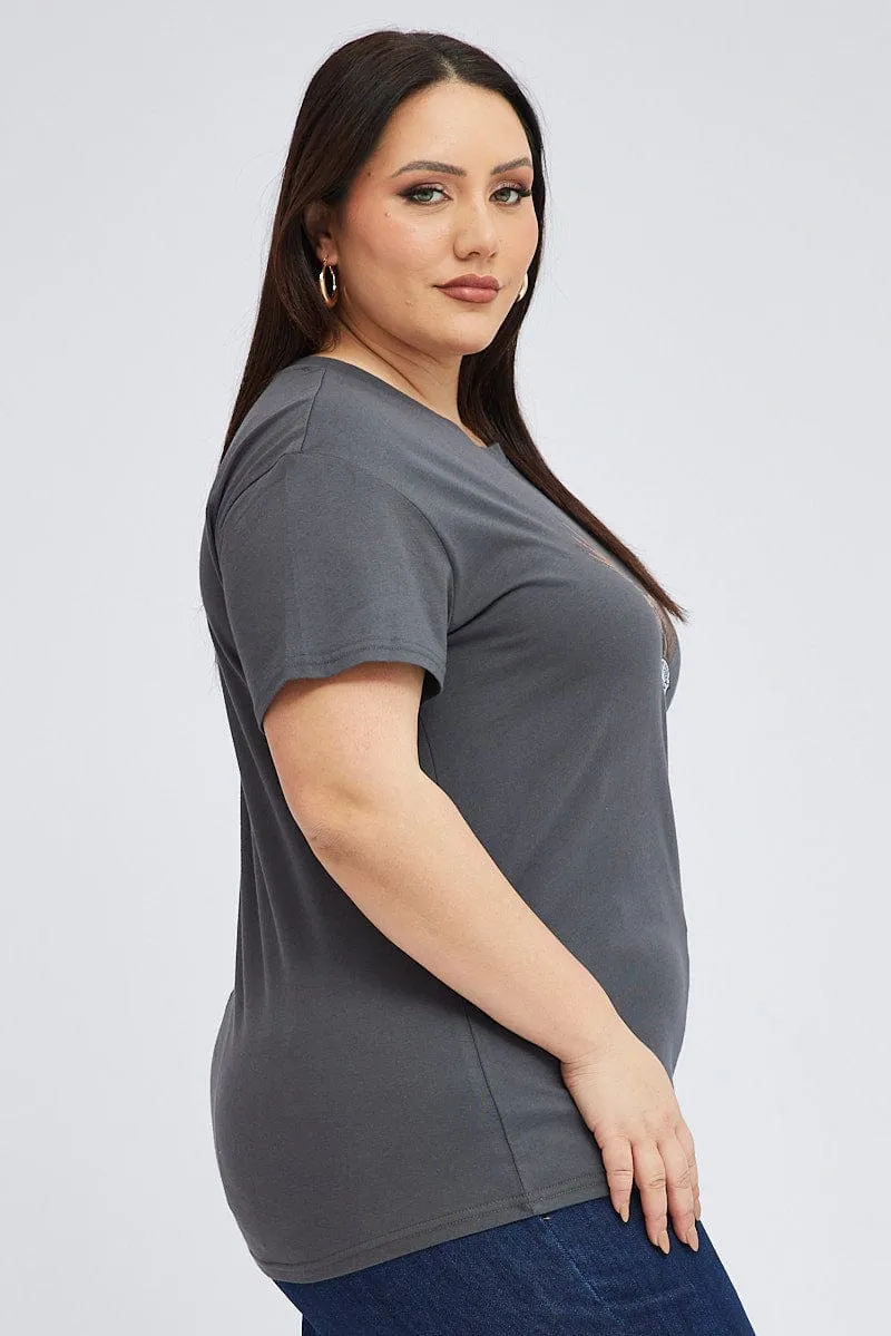 Black Graphic T-shirt Short Sleeve Crew Neck Flexible Wear Scoop neck femininity