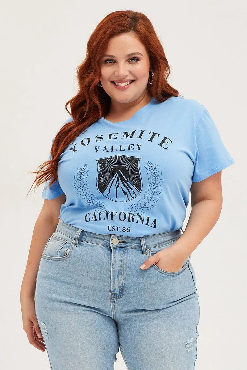 Blue Crop T-shirt Mountain Short Sleeve Cotton Semi Quality Comfort HeatResistantMaterial