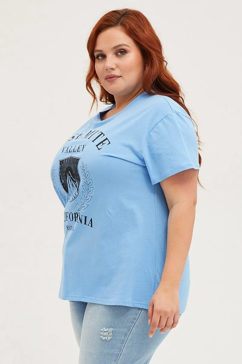 Weekend Style Trend Stylish Comfort Blue Crop T-shirt Mountain Short Sleeve Cotton Semi