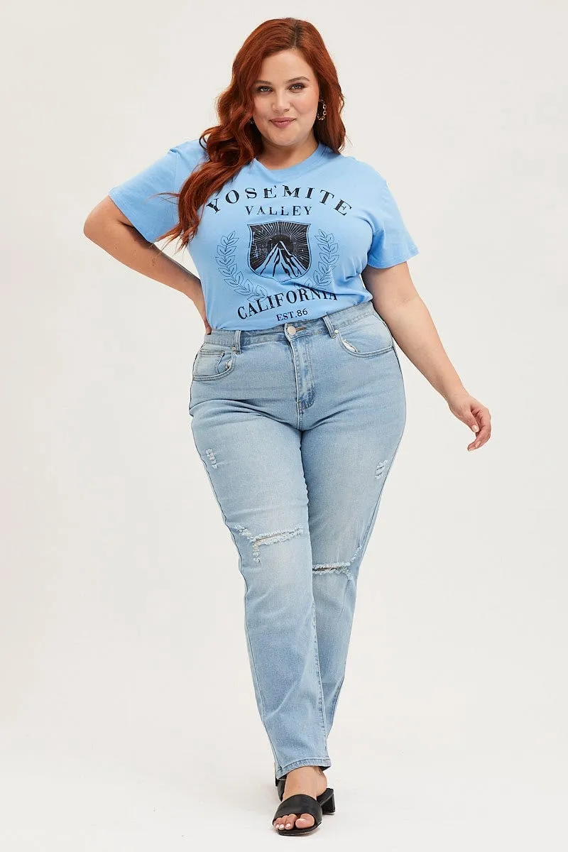 Blue Crop T-shirt Mountain Short Sleeve Cotton Semi anti static yoga clothing