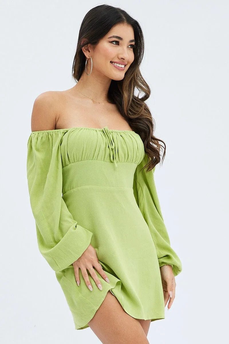 Layered Ruffle Accent Green Mini Dress Ruched Bust Long Sleeve