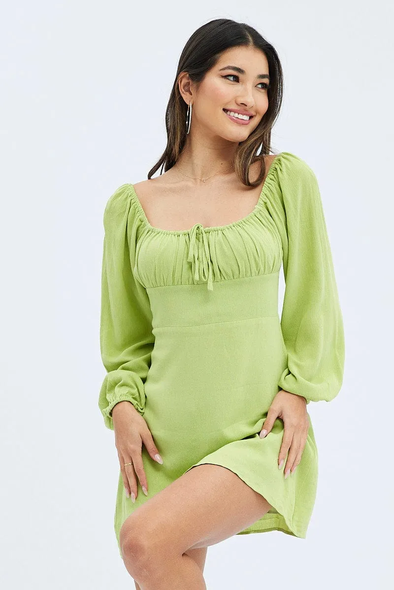 Green Mini Dress Ruched Bust Long Sleeve Tall Cut Timeless playful piece