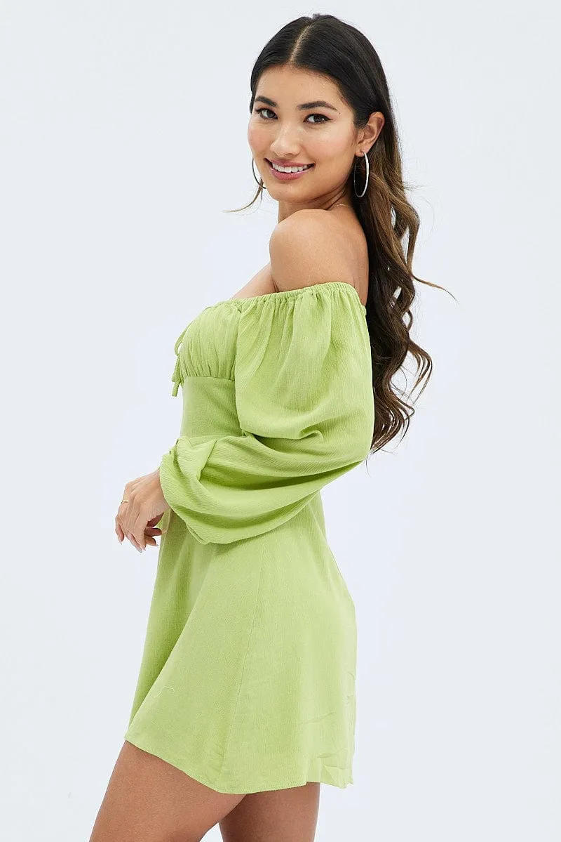 Glow Warm Green Mini Dress Ruched Bust Long Sleeve