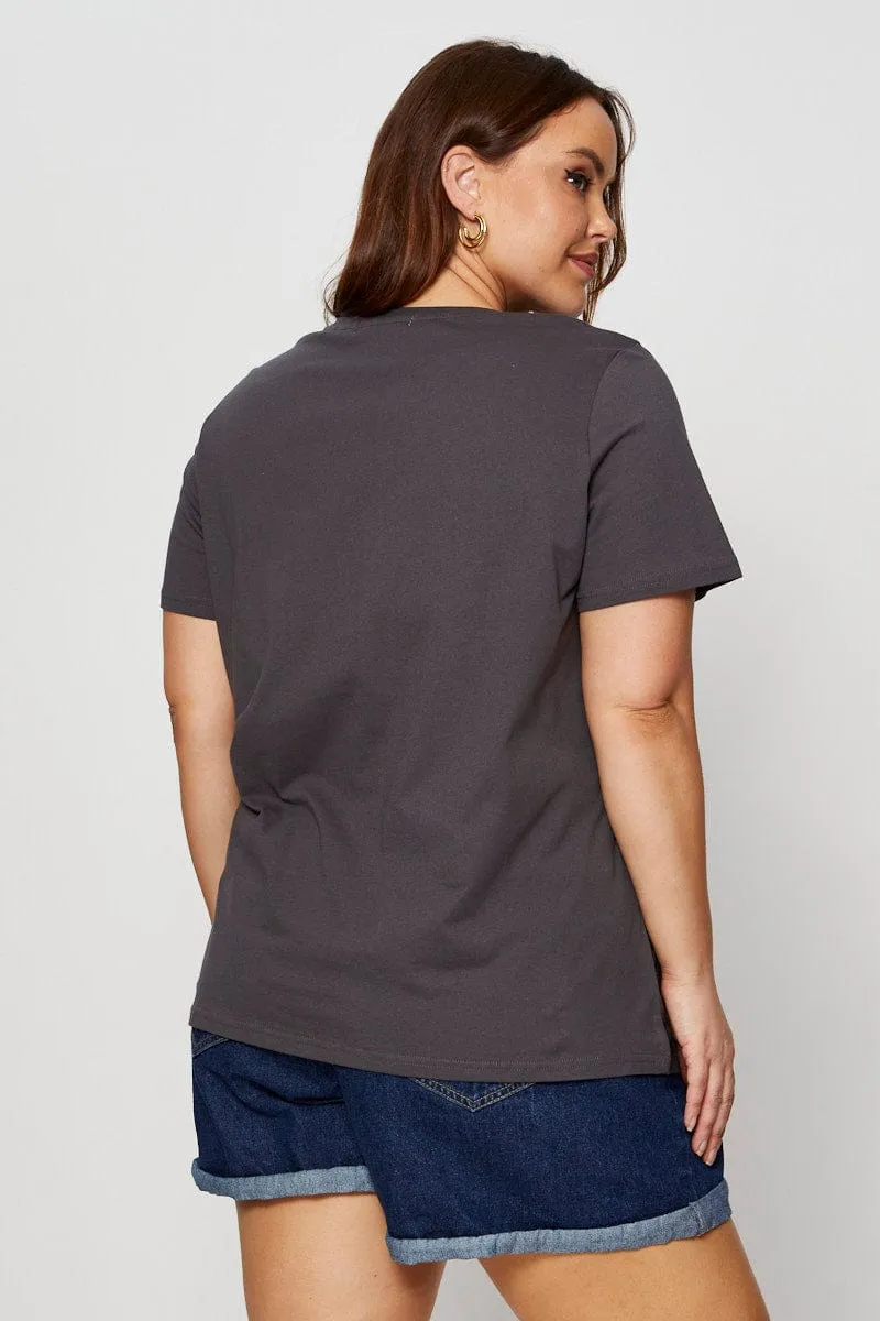 Grey Graphic T-shirt Crew Neck Short Sleeve Summer Comfort