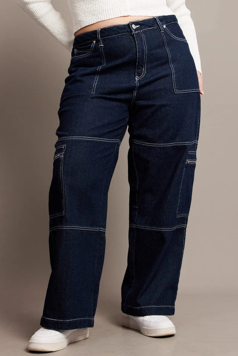 Evening Stroll Comfy Base Fit Piece Denim Cargo Jeans Mid Rise