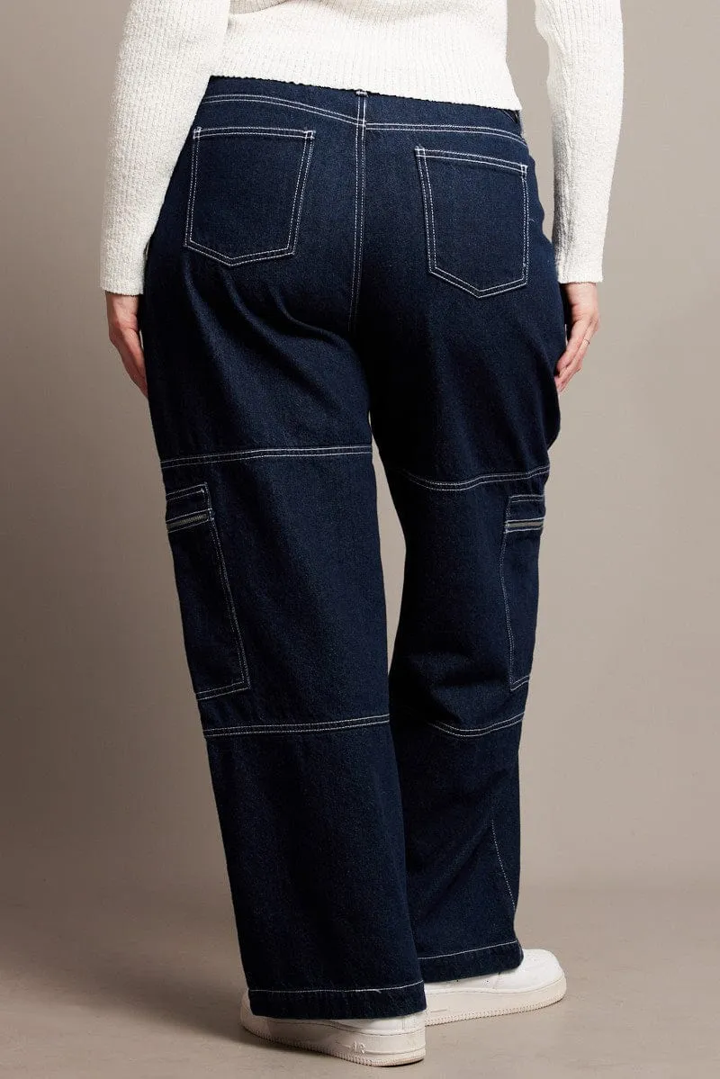 Simple Match Denim Cargo Jeans Mid Rise