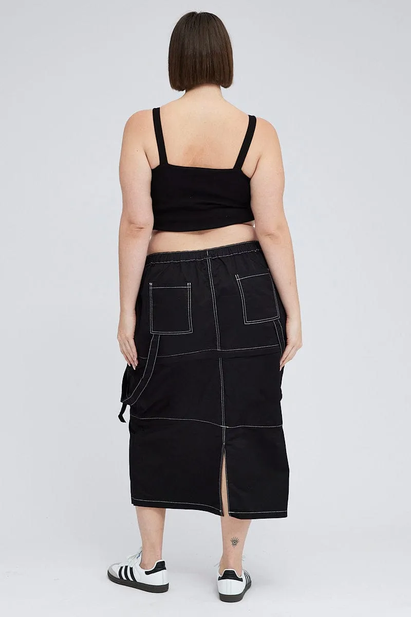 Black Cargo Midi Skirt Detachable Hem Soft Texture Chill Vibe
