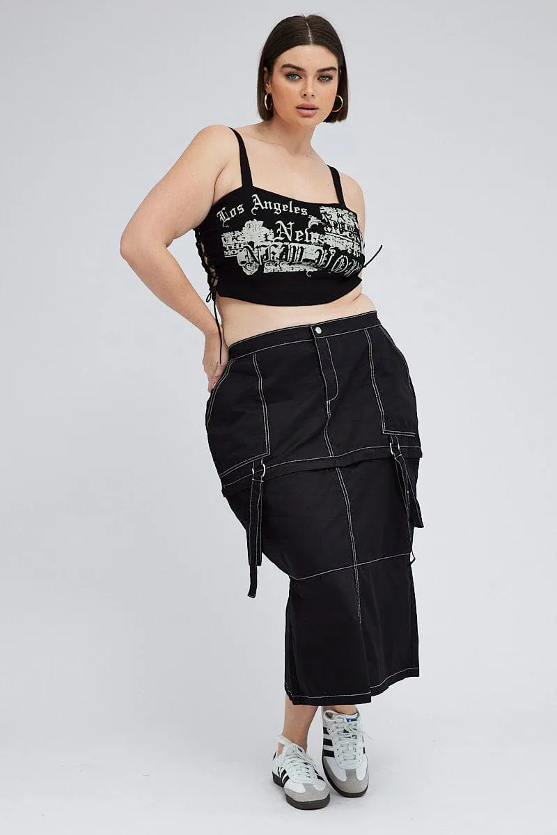 Black Cargo Midi Skirt Detachable Hem Adjustable Hem