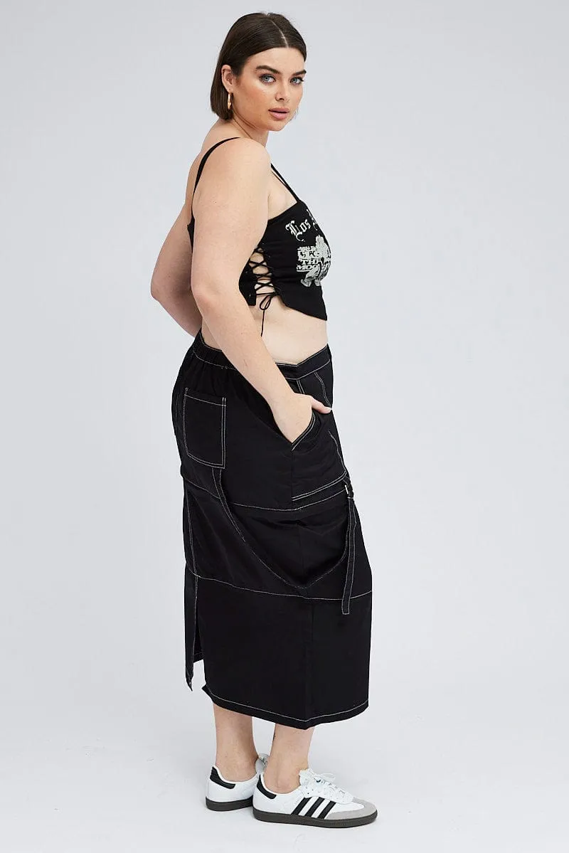Road Trip Black Cargo Midi Skirt Detachable Hem