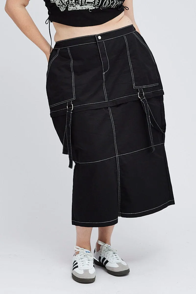 Breezy Outfit Chic casual Black Cargo Midi Skirt Detachable Hem