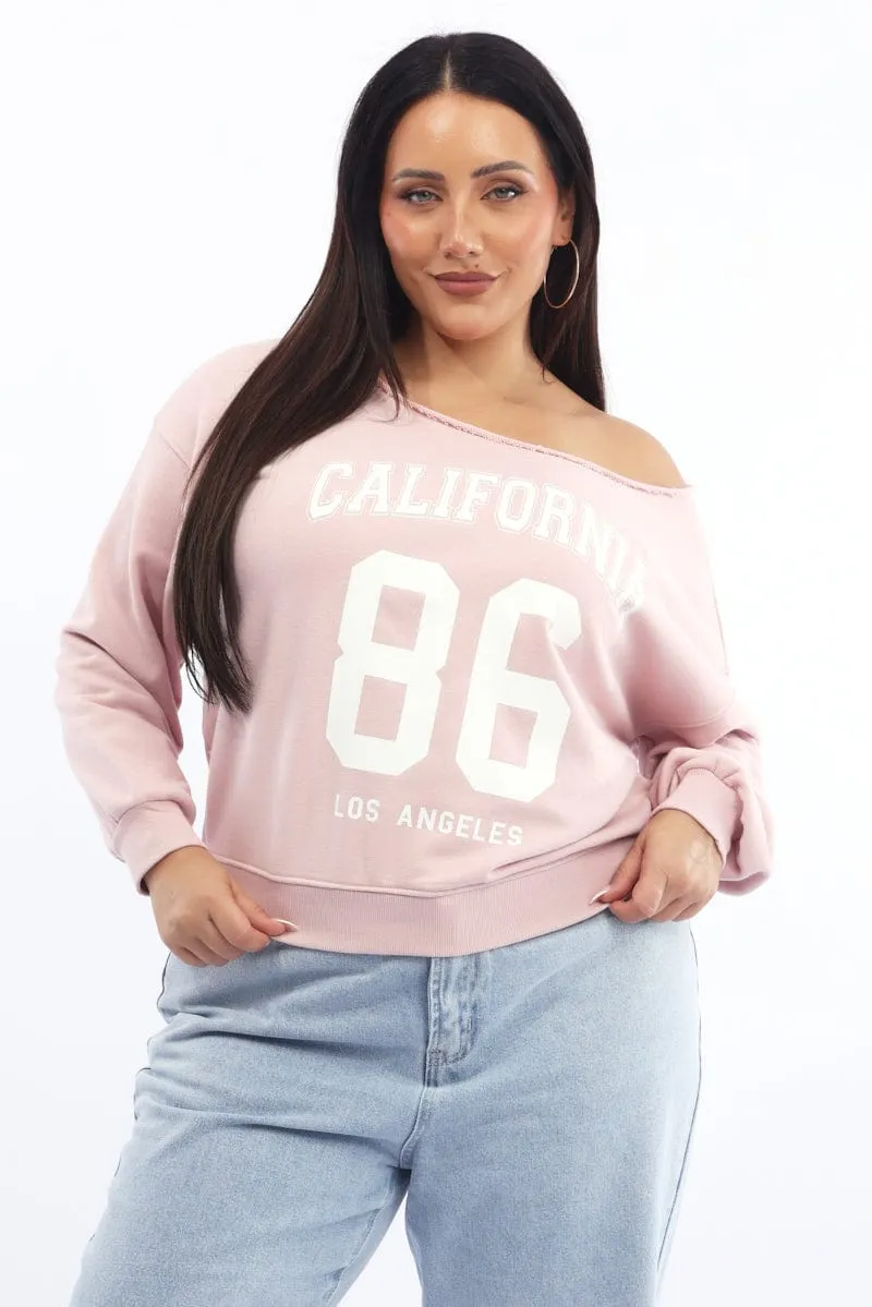 Pink Sweatshirt One Shoulder Long Sleeve Easy Layering Casual Outerwear
