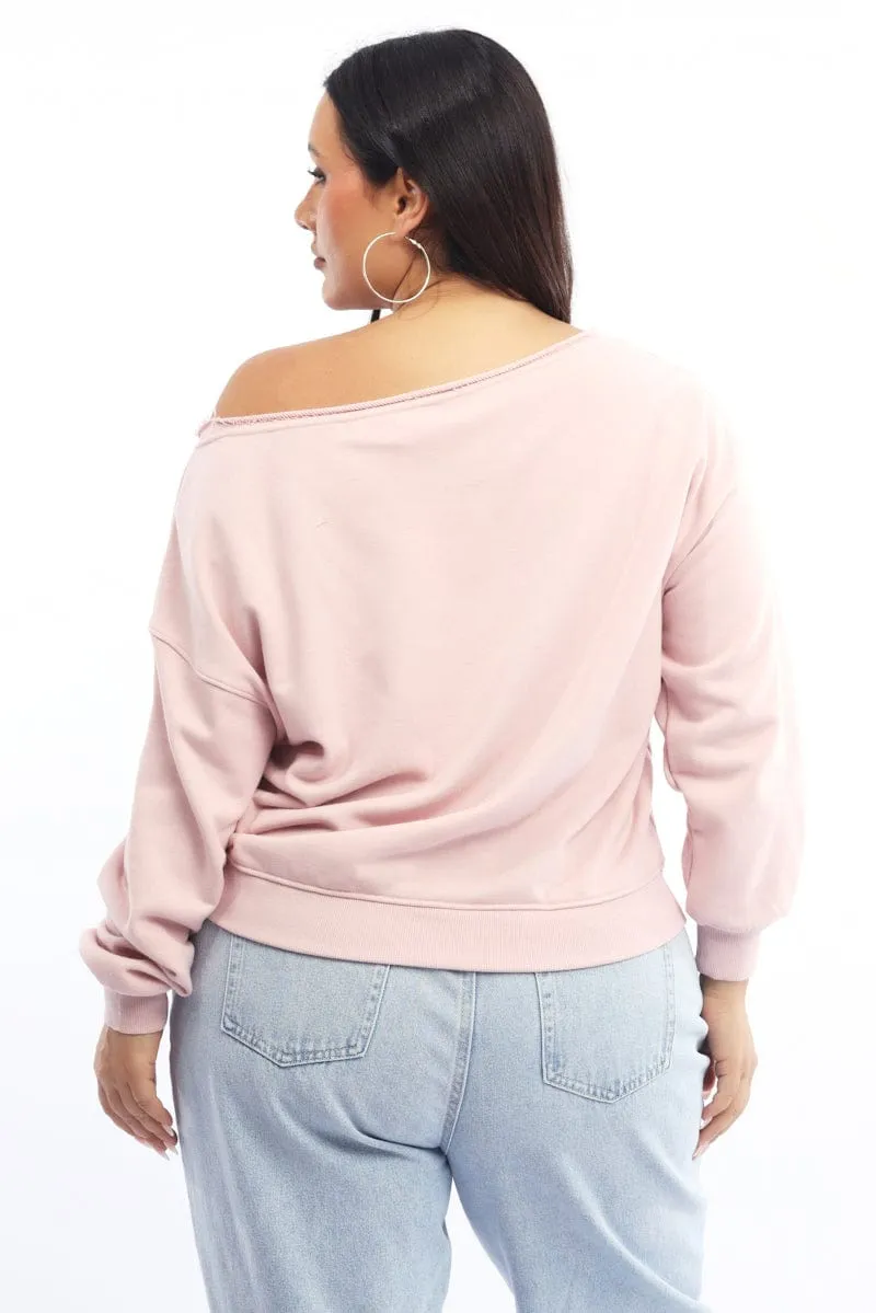 Pink Sweatshirt One Shoulder Long Sleeve product poplin smoothness Trendy Wearable