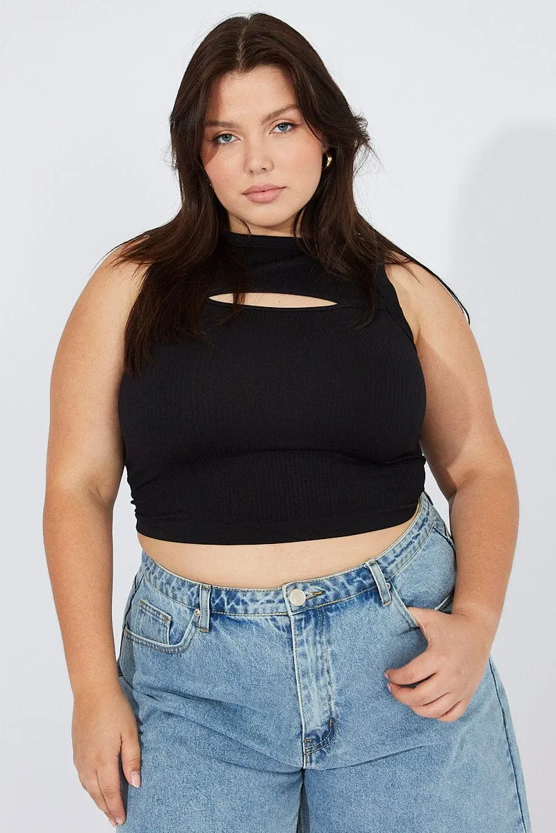 Black Cut Out Tank Top Crew Neck Seamless Summer Wear