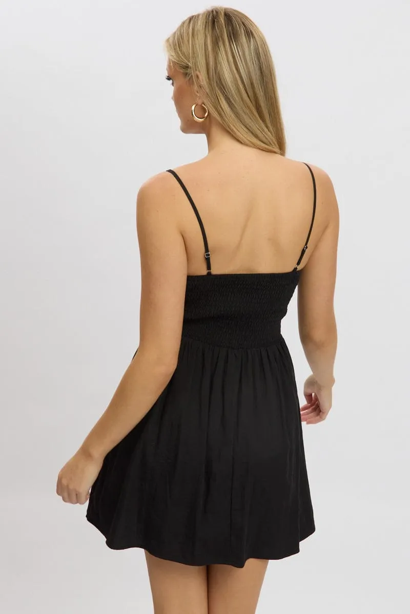 Black Fit And Flare Dress Drop Waist Mini Breathable Lining DoubleLayered Fabric