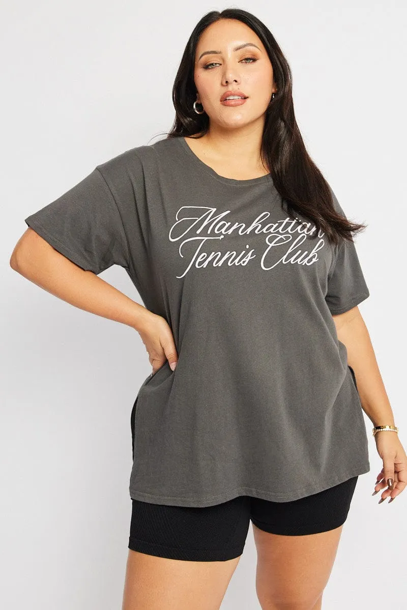 Grey Graphic T-shirt Short Sleeve Crew Neck Anti Perspiration Lining OversizedSilhouette