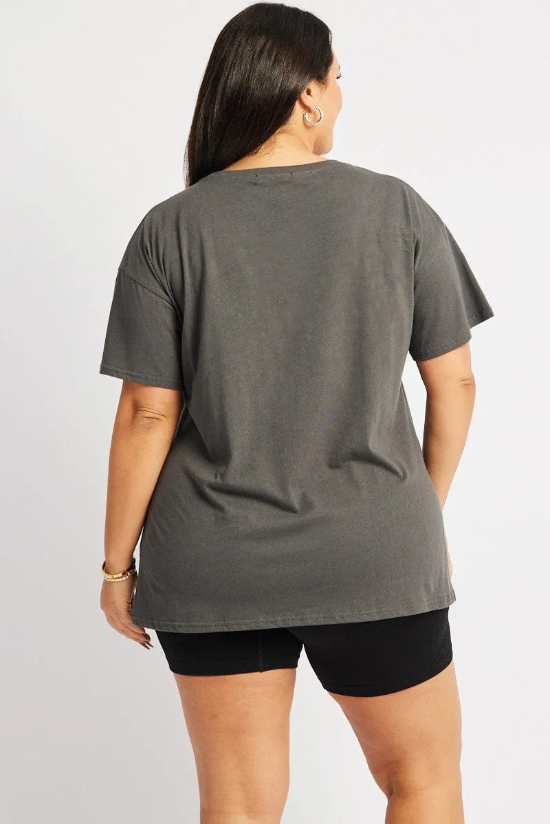Grey Graphic T-shirt Short Sleeve Crew Neck Trendy Apparel