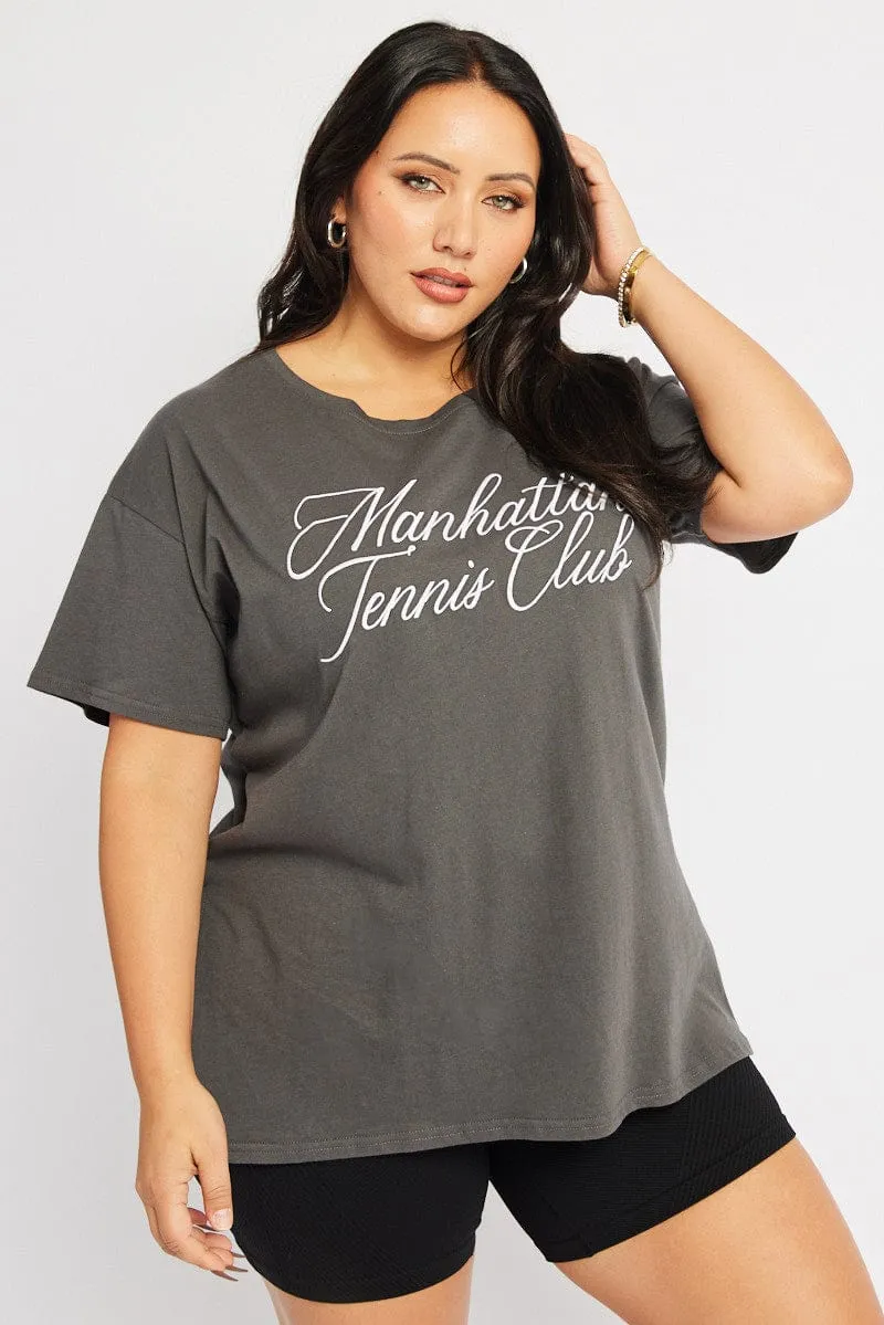 Quick Release Hem Functional Side Gussets Grey Graphic T-shirt Short Sleeve Crew Neck