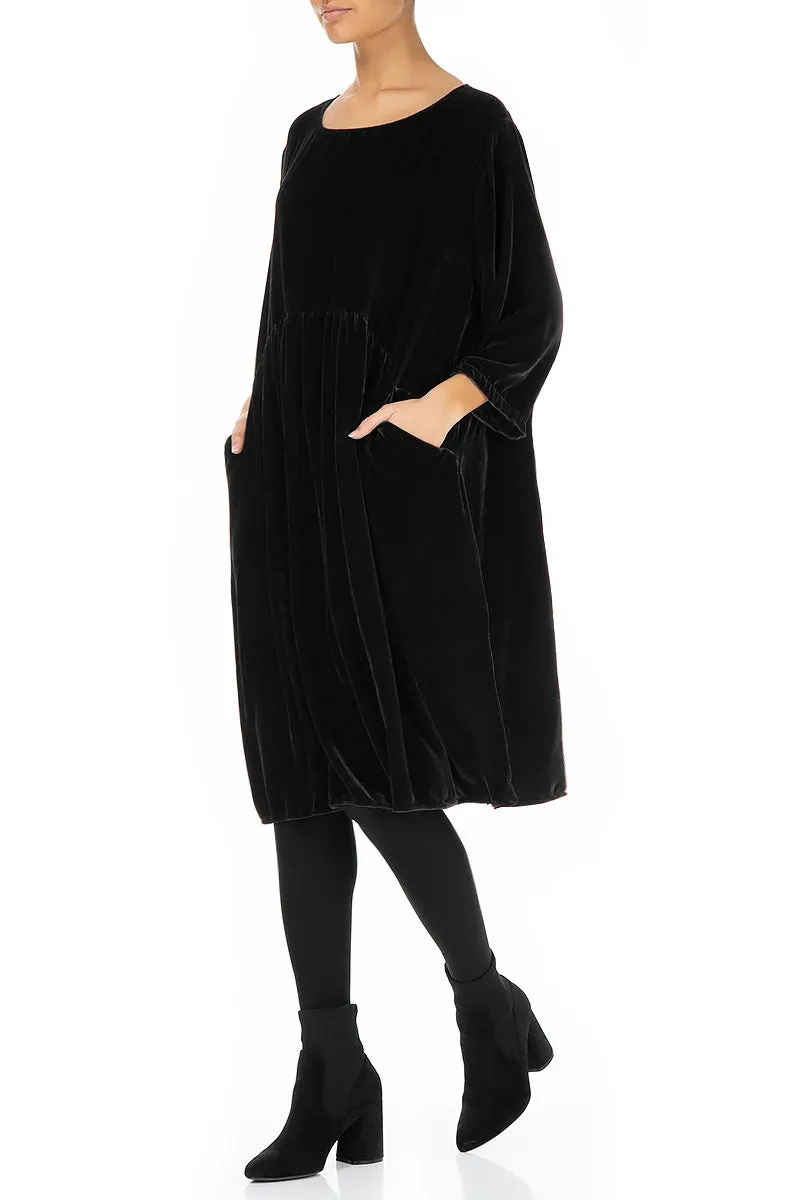 Flared Black Silk Velvet Dress Comfortable Lounge
