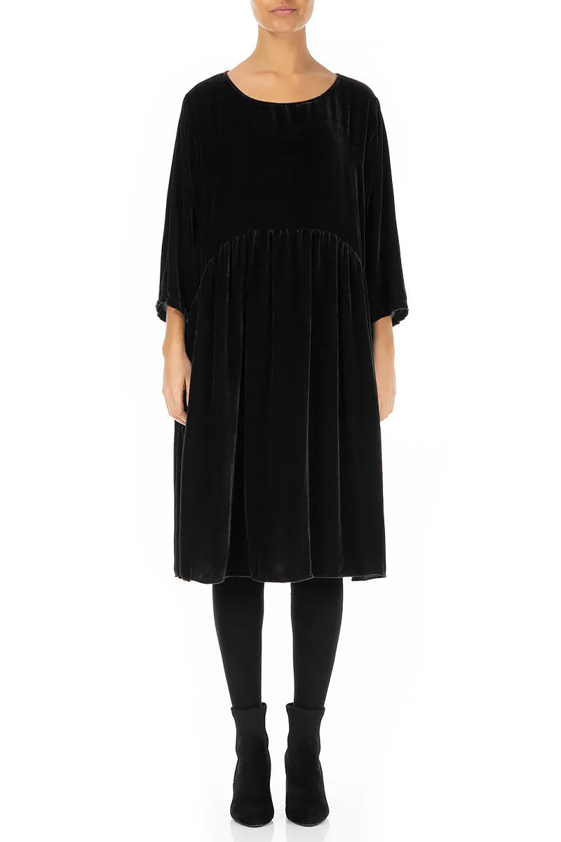 Flared Black Silk Velvet Dress High End City Casual