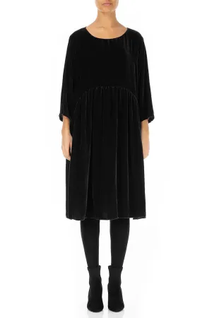 Flared Black Silk Velvet Dress High End City Casual