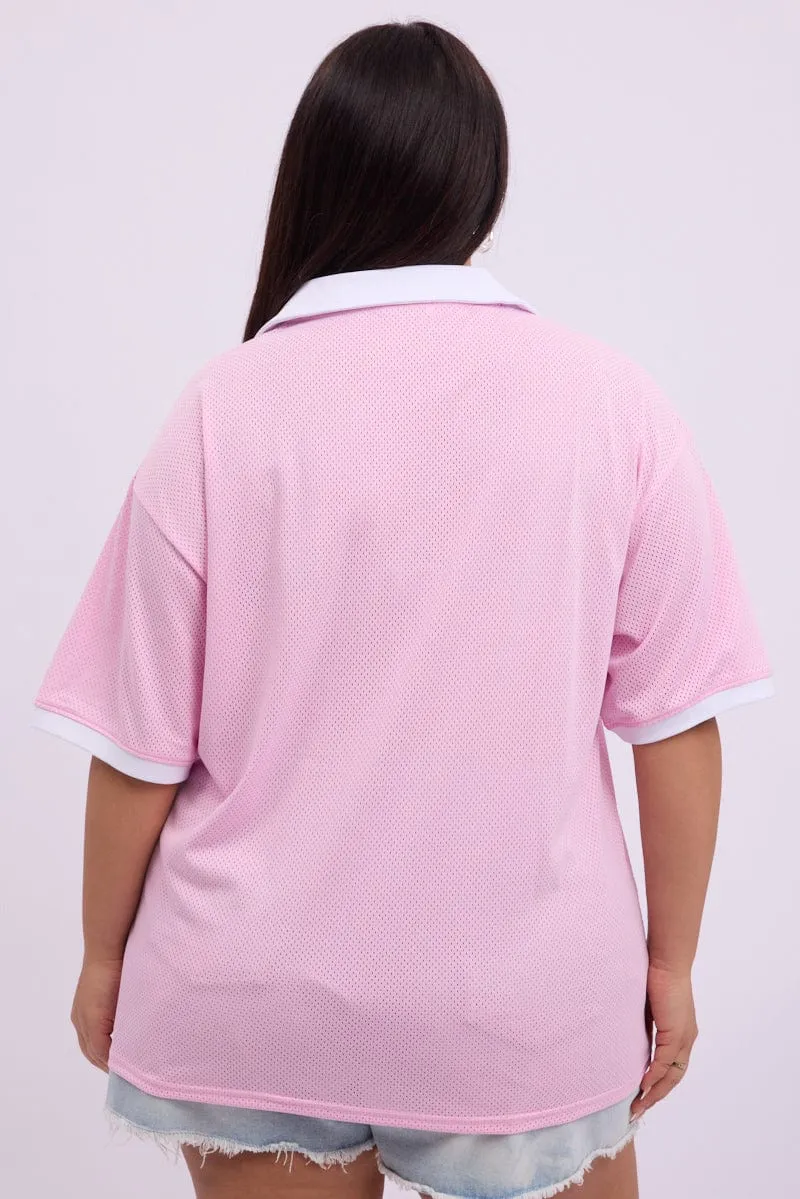 Essential Fashion Pink Graphic T Shirt Short Sleeve V Neck Collared