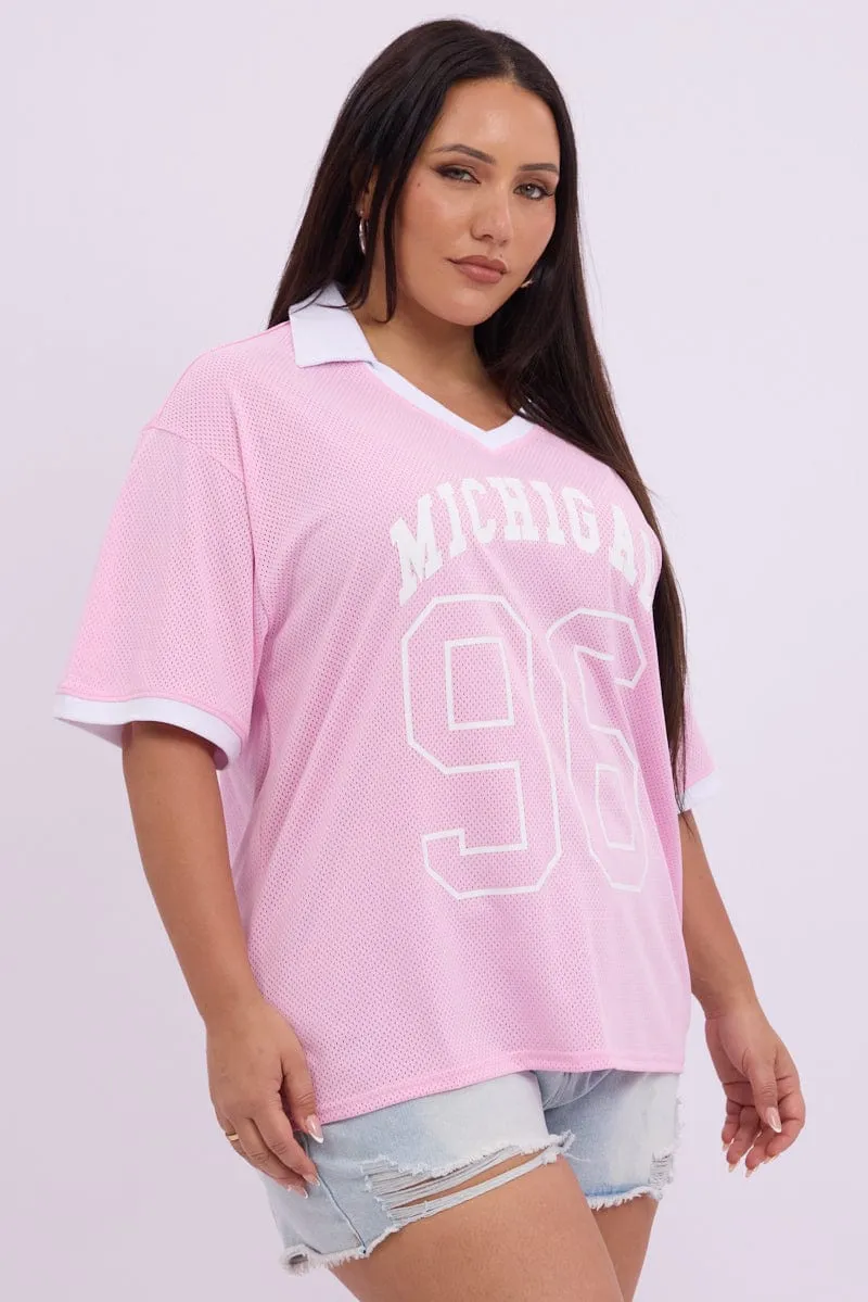Active Outfit Style Pink Graphic T Shirt Short Sleeve V Neck Collared
