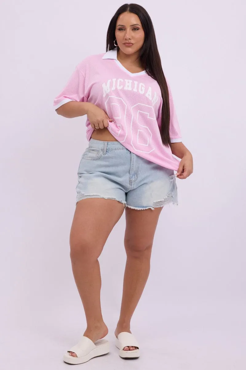 Pink Graphic T Shirt Short Sleeve V Neck Collared Relaxed Vibes Stylish
