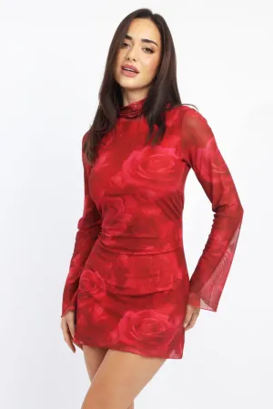 elegant design Edge Pop Red Floral Mini Dress High Neck Long Sleeve Mesh