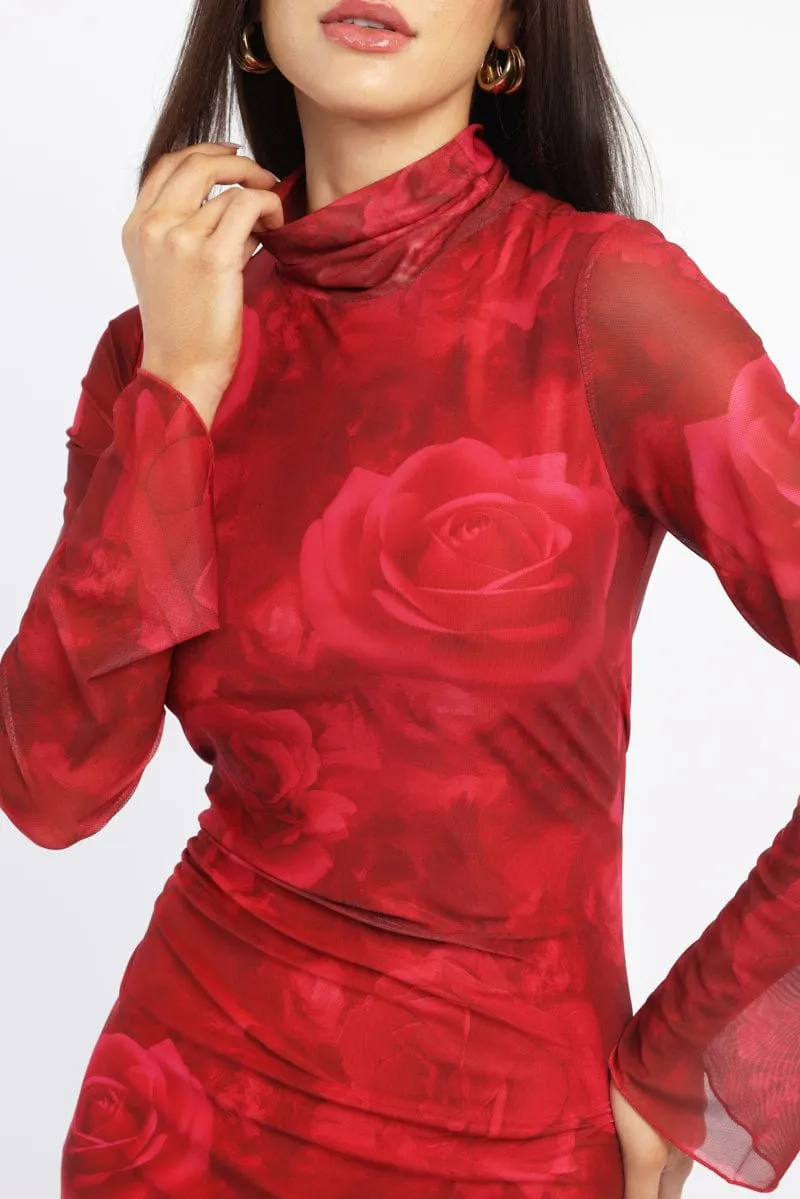 Red Floral Mini Dress High Neck Long Sleeve Mesh Smart Fit Look Edge Hot