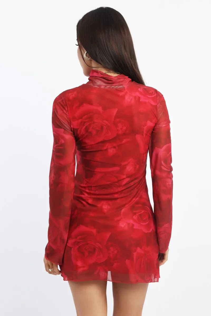 Skin Feel Flexible frame Red Floral Mini Dress High Neck Long Sleeve Mesh
