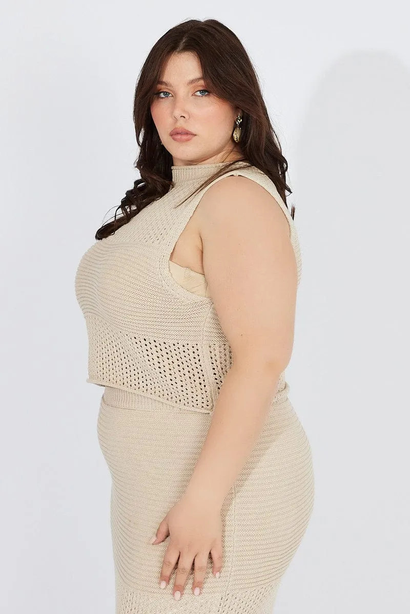 Beige Crochet Knit Tank Top Commute Ease HighDensity Weave