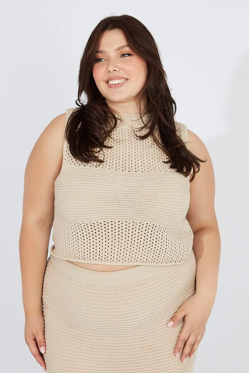 Beige Crochet Knit Tank Top MultiPanelCut Green Fit