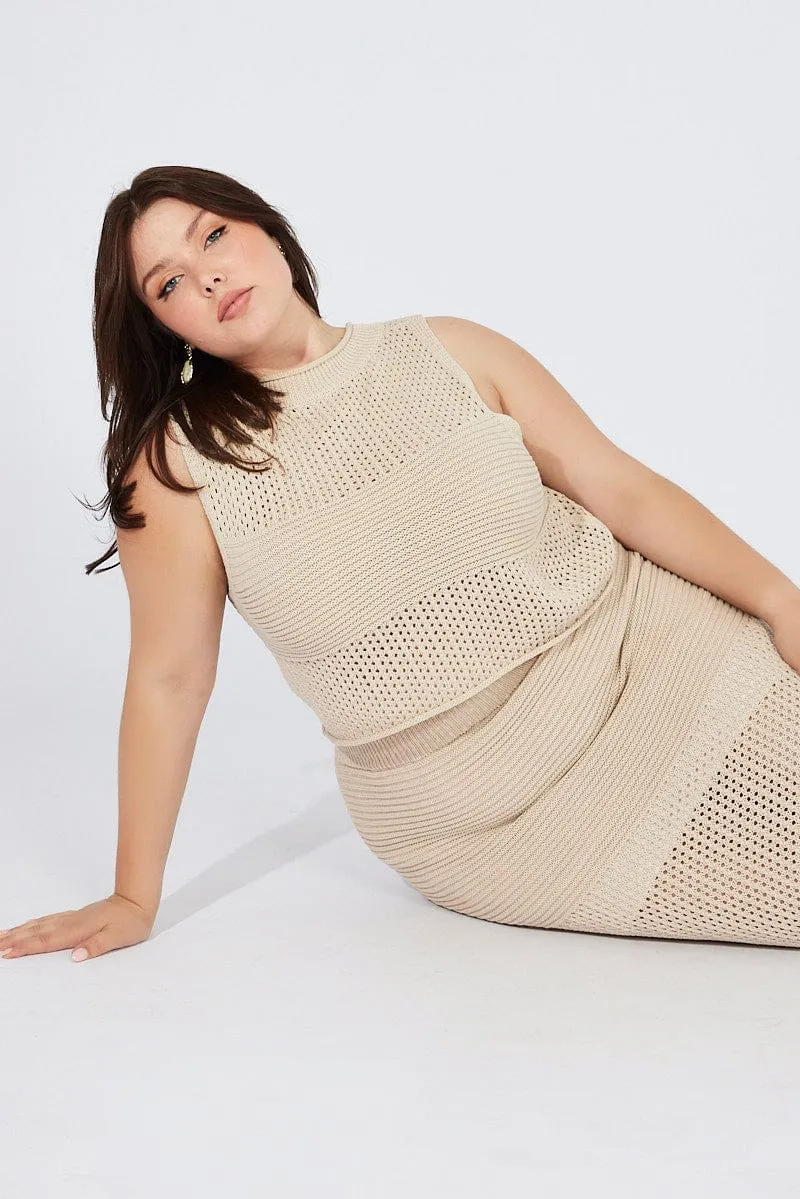 Beige Crochet Knit Tank Top Cozy Design HeavyDuty Zipper