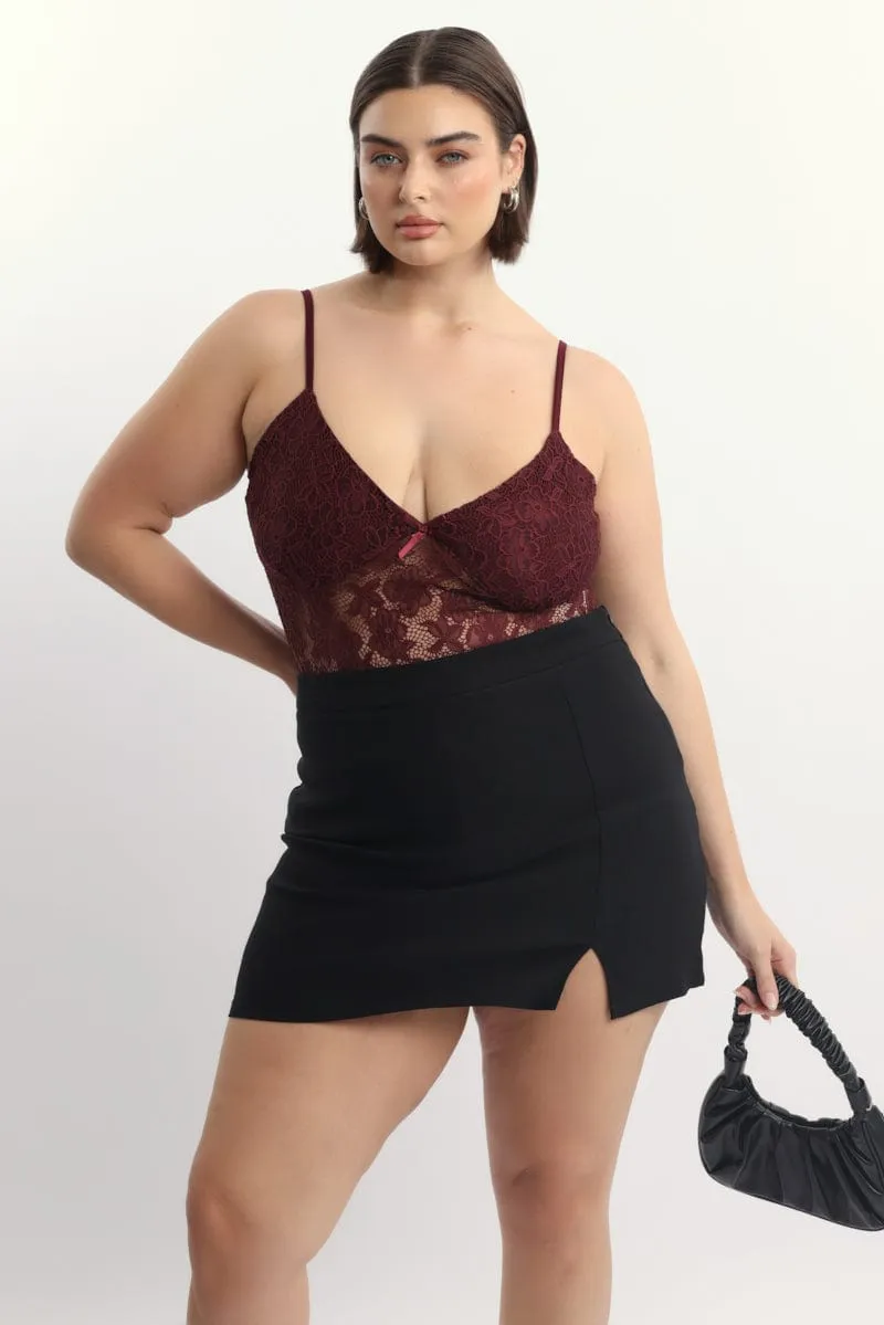 LayeredNeckline Red Bodysuit Lace V Neck