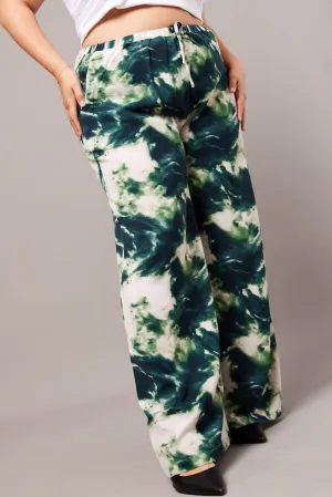 Green Abstract Wide Leg Pants High Rise Stylish Cut