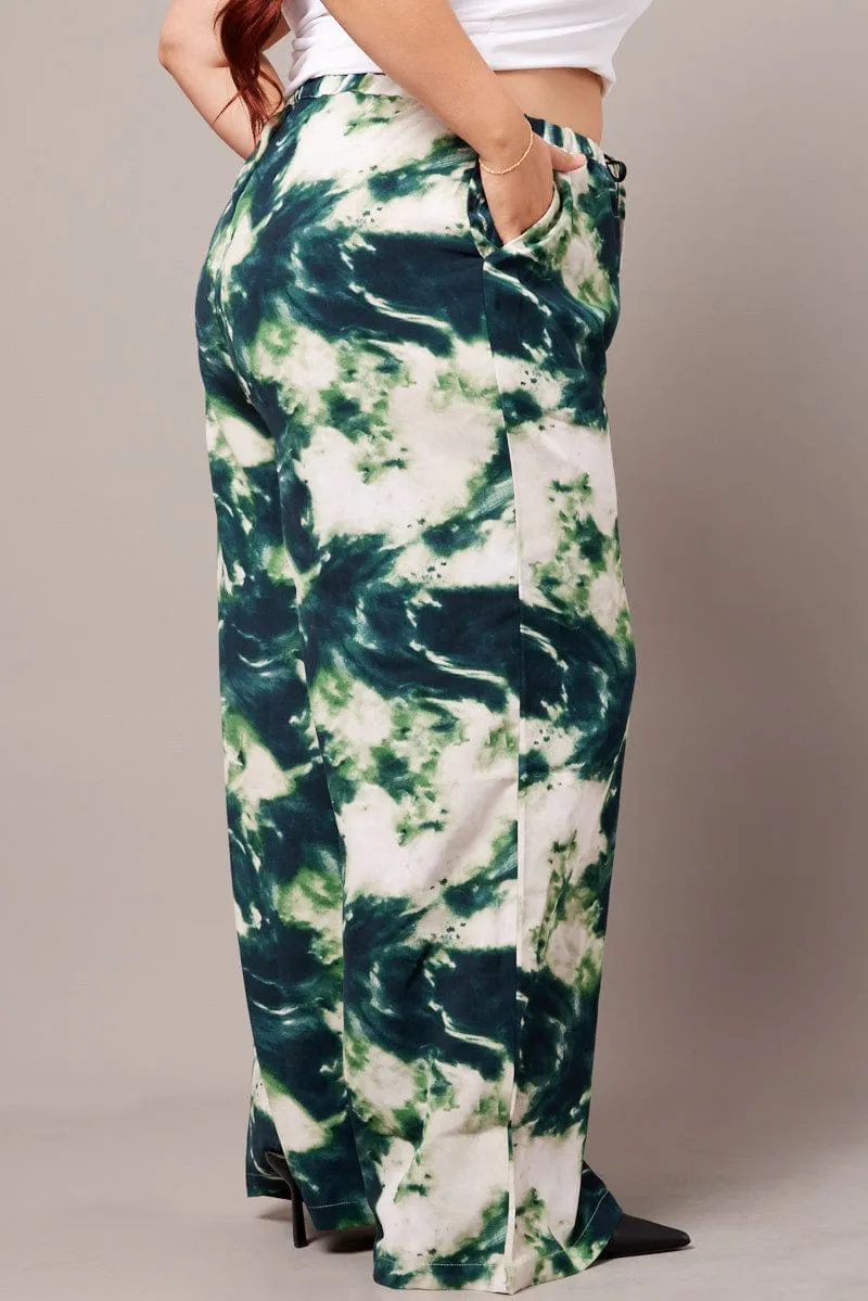 Green Abstract Wide Leg Pants High Rise Casual Comfort Wear Urban Cool