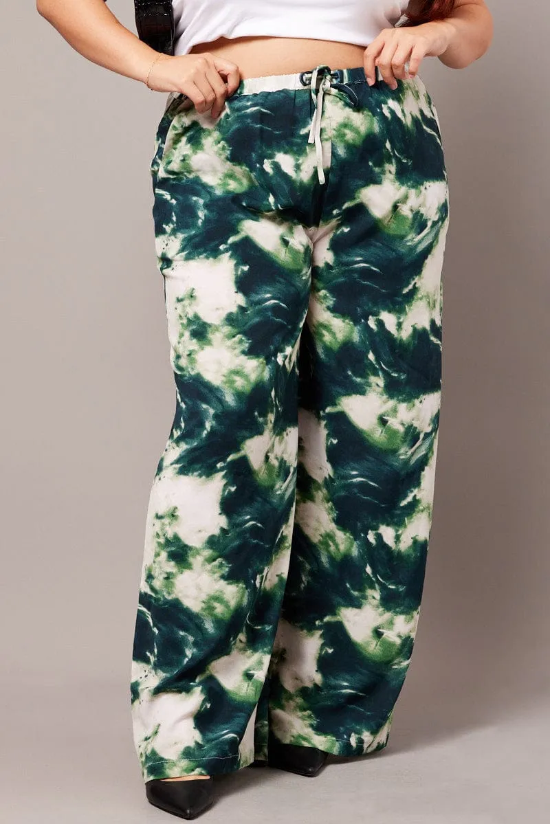 Flexible Ankle Cuffs Noise Reduciting Fabric Green Abstract Wide Leg Pants High Rise