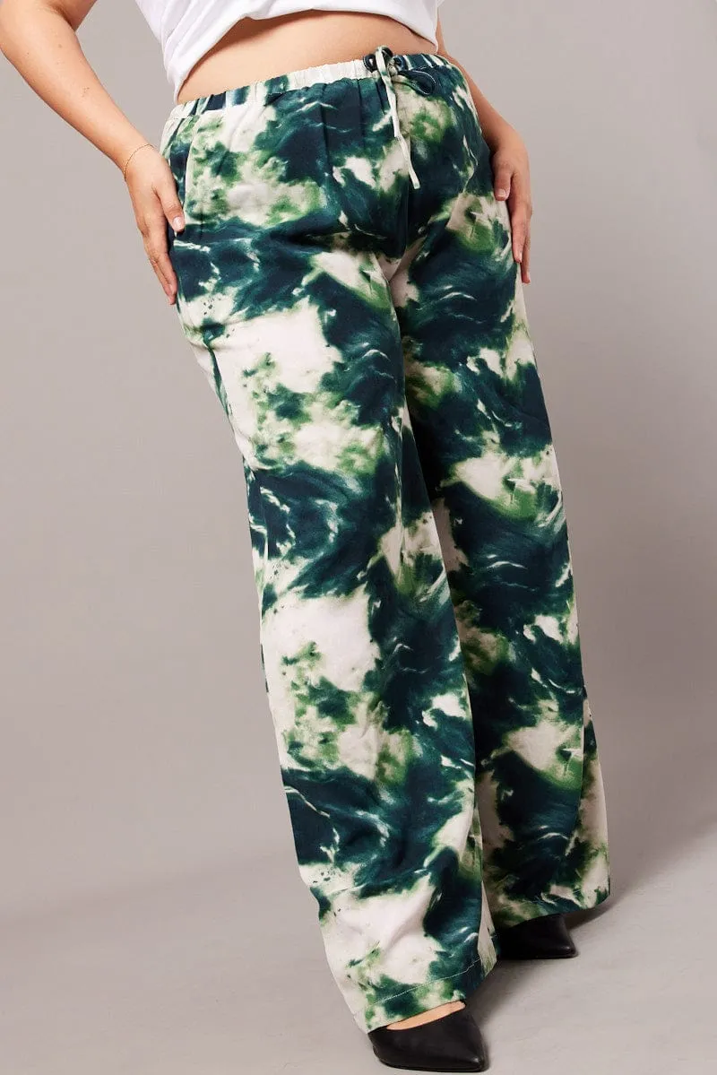 Green Abstract Wide Leg Pants High Rise Stylish Cut
