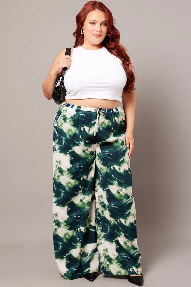 Green Abstract Wide Leg Pants High Rise Active Comfort Fit Soft and Stretchy