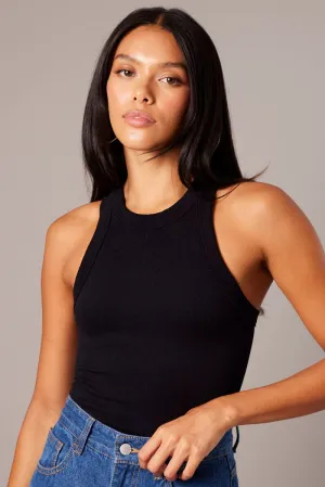 Black Bodysuit Round Neck Seamless Airflow Mesh Panels