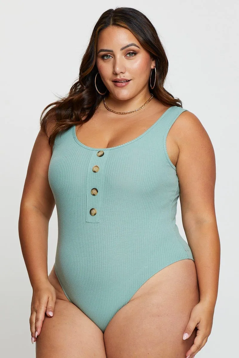 HighVisibility Active Apparel Green Front Bodysuit Sleeveless Rib Button