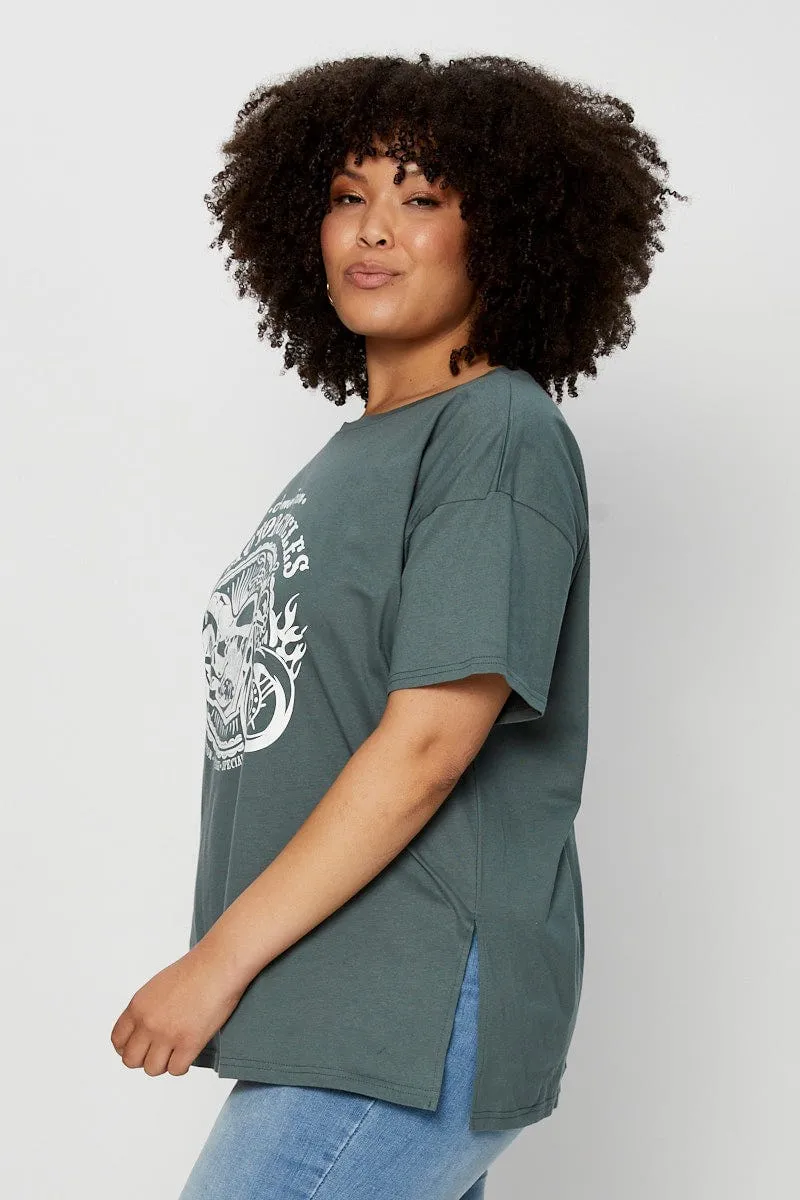 Beach Outfit Green Graphic T-shirt Moto Short Sleeve Cotton