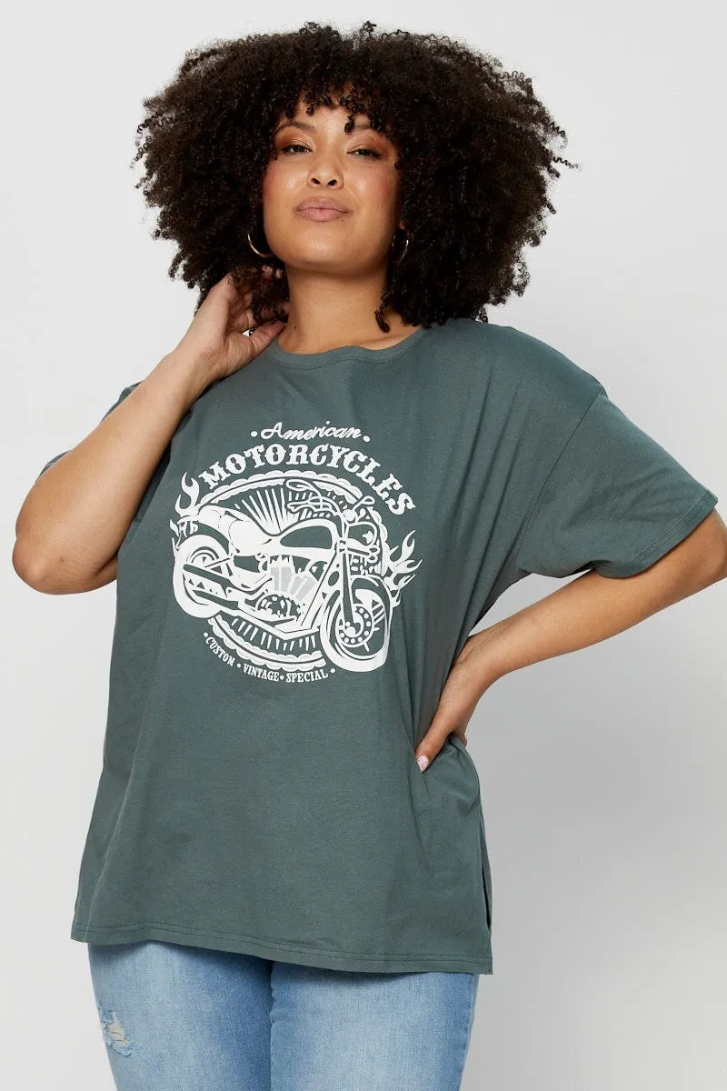 Green Graphic T-shirt Moto Short Sleeve Cotton Relaxed Vibe