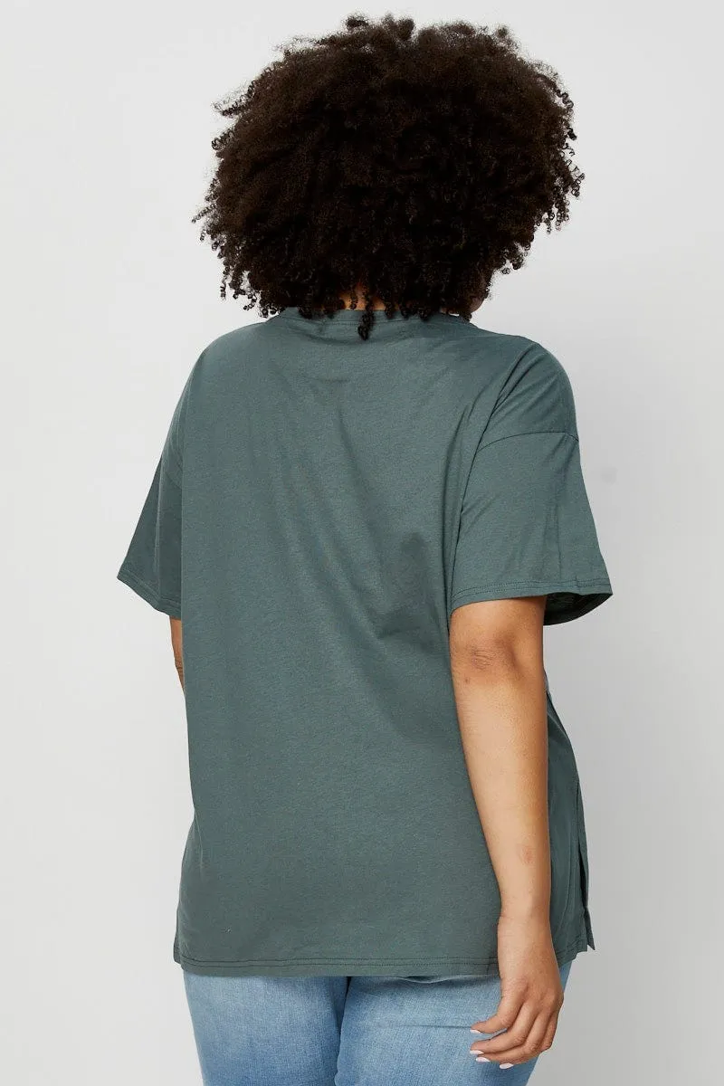 Office Casual Green Graphic T-shirt Moto Short Sleeve Cotton