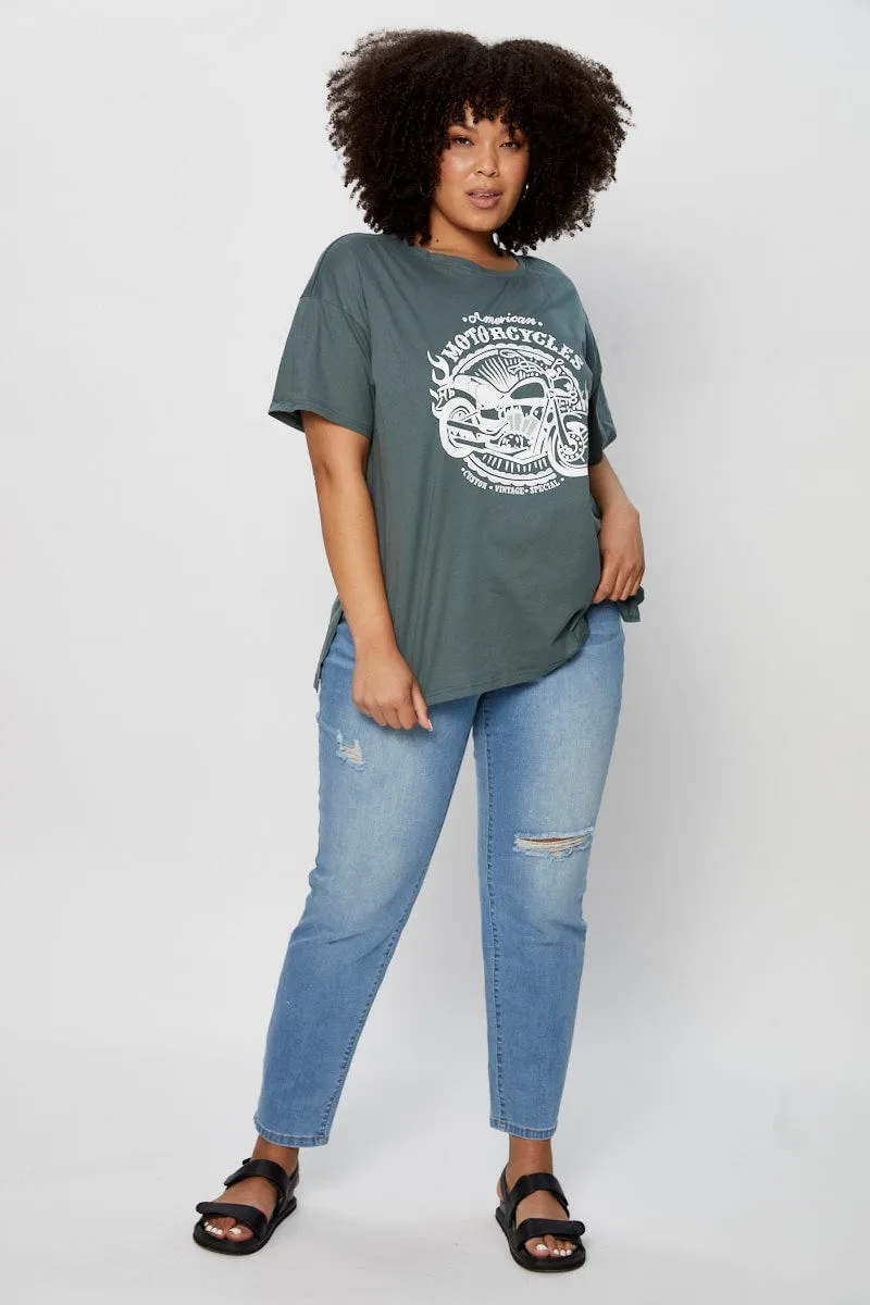 Trendy Vibes Wear Green Graphic T-shirt Moto Short Sleeve Cotton